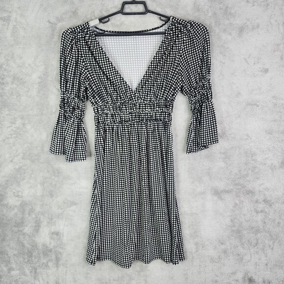 Women's Black & White Polka Dot V Neck Dress Bell Sleeves Smocked Waist Size S - Picture 2 of 8